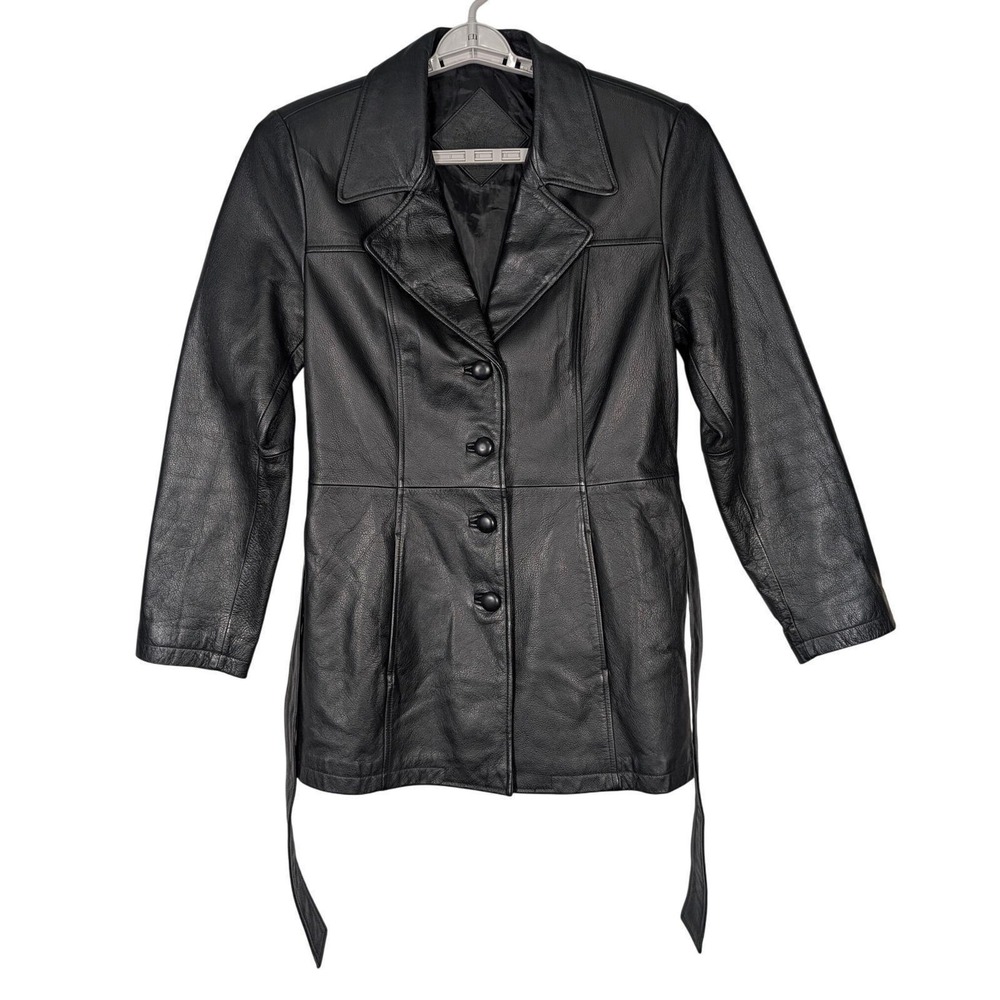 Jacqueline Ferrar Black Genuine Leather Longline Jacket Y2K Fitted Belted Coat M